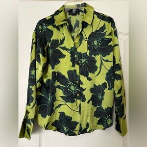 Bailey 44 Small Medium Chartruese Blue Floral Satin Top blouse shirt Long sleeve